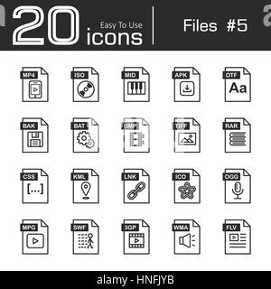 Icona file impostare 5 ( mp4 , iso , mid , apk , otf , bak , bat , bmp , tif , rar , css , kml , inchiostro , ico , ogg , mpg , swf , 3gp , wma , flv ) Illustrazione Vettoriale