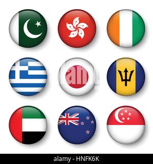 Set di bandiere del mondo badge rotondo ( Pakistan . Hong Kong . La Costa d Avorio . Grecia . Il Giappone . Barbados . Emirati Arabi Uniti . Nuova Zelanda . Singapore ) Illustrazione Vettoriale
