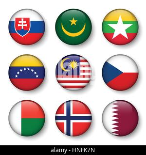 Set di bandiere del mondo badge rotondo ( Slovacchia . La Mauritania . Myanmar . Venezuela . Malaysia . Repubblica ceca . Madagascar . In Norvegia . Il Qatar ) Illustrazione Vettoriale