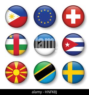 Set di bandiere del mondo badge rotondo ( Filippine . Unione europea (UE) . La Svizzera . Repubblica Centrafricana . Estonia . Cuba . Macedonia . Tanzania . Illustrazione Vettoriale