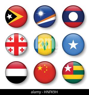 Set di bandiere del mondo badge rotondo ( Timor orientale . Marshall Islands . Laos . La Georgia . Saint Vincent e Grenadine . Somalia . Yemen . La Cina . Togo ) Illustrazione Vettoriale