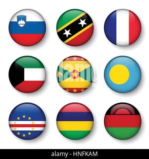 Set di bandiere del mondo badge rotondo ( Slovenia . Saint Kitts e Nevis . La Francia . Kuwait . Grenada . Palau . Capo Verde . Mauritius . Il Malawi ) Illustrazione Vettoriale