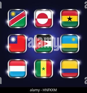 Set di bandiere del mondo quadrangolare pulsanti di vetro con bordo in acciaio e twinkle ( Namibia . La Groenlandia . Il ghana . Taiwan . La Giordania . Il Rwanda . Lussemburgo . Se Illustrazione Vettoriale