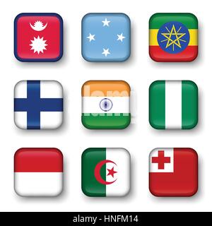 Set di bandiere del mondo badge quadrangolare ( Nepal . Micronesia . Etiopia . Finlandia . India . La Nigeria . Il Principato di Monaco . Algeria . Tonga ) Illustrazione Vettoriale