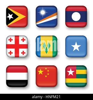 Set di bandiere del mondo badge quadrangolare ( Timor orientale . Marshall Islands . Laos . La Georgia . Saint Vincent e Grenadine . Somalia . Yemen . La Cina . Illustrazione Vettoriale