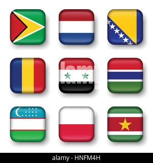 Set di bandiere del mondo badge quadrangolare ( Guyana . Paesi Bassi . La Bosnia ed Erzegovina . La Romania . La siria . Gambia . Uzbekistan . La Polonia . Suriname ) Illustrazione Vettoriale