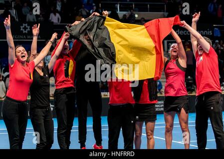 Bucarest, Romania. 12 Feb, 2017. 12 febbraio 2017: Belgio team durante la Fed Cup by BNP 2017 gioco tra la Romania e il Belgio presso la Sala Polivalenta, Bucuresti, Romania ROU. Copyright: Cronos/Catalin Soare Credito: Cronos Foto/Alamy Live News Foto Stock