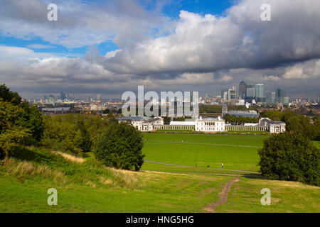 In Canarie Wharfe & Central London da Greenwich Park Foto Stock