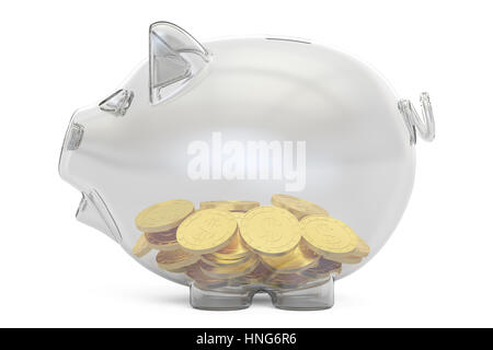 Vetro salvadanaio con monete doro, rendering 3D isolati su sfondo bianco Foto Stock