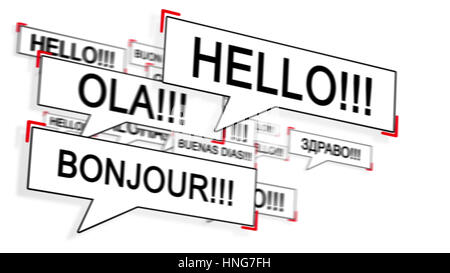 Illustrazione. Discorso bolla con Hello in differenti lingue. Concetto internazionale. Foto Stock