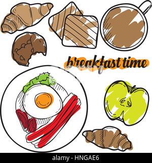 La prima colazione il vettore temporale disegno impostato. Disegnata a mano gli elementi di design. Illustrazione Vettoriale