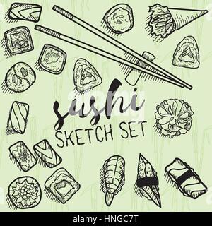 Caramelle Sushi set di vettore. Le illustrazioni in stile sketch. Disegnata a mano gli elementi di design. Illustrazione Vettoriale