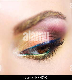 Close up ritratto di una giovane e bella modello con bright make up. Close up di astratta multicolor make up. Trucco polvere di pigmento di esplosione Foto Stock