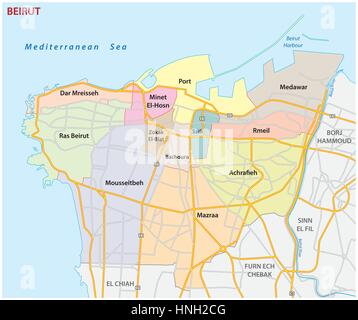 Strade, politica e amministrativa di mappa della capitale libanese Beirut Illustrazione Vettoriale