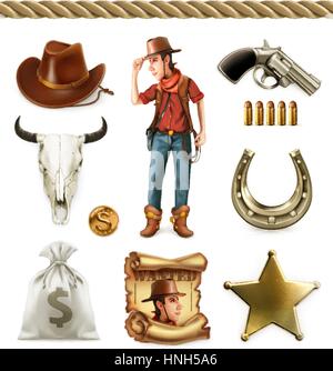 Cowboy personaggio dei fumetti e oggetti. Avventura occidentale. Vettore 3d imposta icona Illustrazione Vettoriale