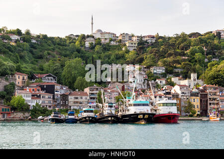 Barche da pesca allineate sulla Rumeli Kavagi shore. Rumeli Kavagi, un piccolo villaggio di pescatori che si trova sulla parte settentrionale del Bosphor Foto Stock