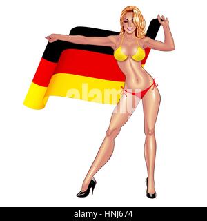 Bella Signora in bikini con sventola bandiera della Germania isolati su sfondo bianco. Illustrazione Vettoriale