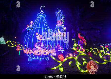 DUBAI, Emirati Arabi Uniti - 6 Dic, 2016: bella per le installazioni presso il giardino di Dubai Glow family theme park illuminato di notte. Emirati Arabi Uniti, Medio Oriente Foto Stock