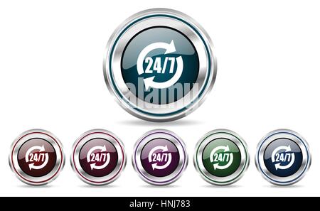 Vettore icone 24/7. Bordo cromato round set di pulsanti web. Argento pulsanti metallici. Illustrazione Vettoriale