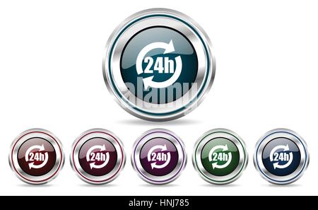 Il vettore 24h icone. Bordo cromato round set di pulsanti web. Argento pulsanti metallici. Illustrazione Vettoriale