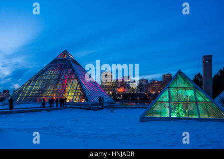 Lo skyline di Edmonton e illuminato Muttart Conservatory piramidi, un giardino botanico in Edmonton, Alberta, Canada Foto Stock