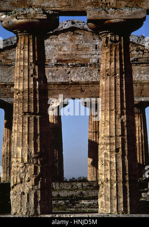 Magna Graecia. Paestum. Tempio di Atena. Vi secolo A.C. In stile dorico. Dettaglio. Campania. L'Italia. Foto Stock
