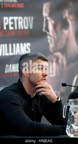 Liam Smith durante la conferenza stampa presso il Royal Liver Building, Liverpool. Foto Stock