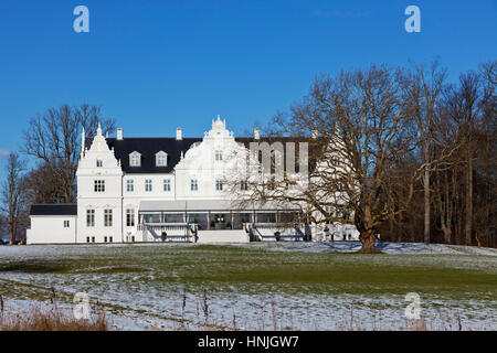 Kokkedal Castle Copenhagen, un lussuoso hotel castello nel paesaggio invernale, un grande vecchio albero sfrondato davanti. Kokkedal tra Copenaghen e Elsinore Foto Stock