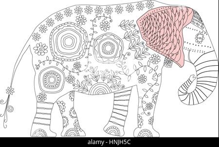 Elefante decorativo. adulto colorazione antistress pagina. in bianco e nero illustrazione colorata con orecchio per il libro da colorare Illustrazione Vettoriale