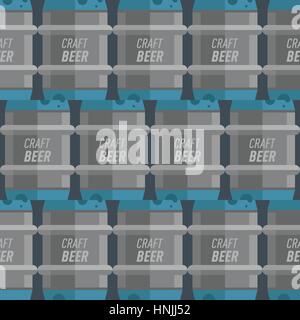 Modello senza soluzione di continuità con la birra artigianale caratelli. Sfondo per bar, pub, home brewery, alcol store. illustrazione vettoriale arte in stile appartamento. Illustrazione Vettoriale