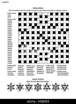 Pagina di puzzle con 19x19 criss-cross gioco di parole (lingua inglese) e picture riddle. A4 o formato letter. Le risposte sono su file separato denominato p19674. Illustrazione Vettoriale