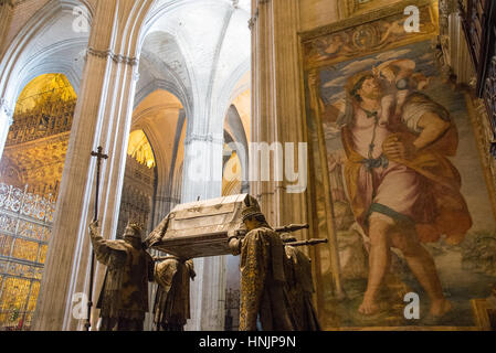 Tombe di Cristoforo Colombo in cattedrale giralda sevilla Spagna Foto Stock