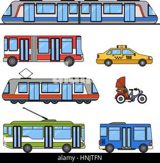 Linea sottile design piano di trasporto della città. Diversi tipi di trasporto urbano, taxi, moto, TRAM, METROPOLITANA, FILOBUS E AUTOBUS isolato sul retro bianco Illustrazione Vettoriale