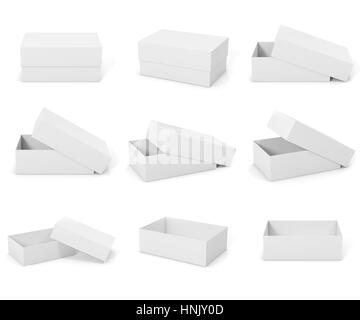 Vuoto bianco mockup scatole, caselle quadrate isolate su sfondo bianco. Scatole aperte e chiuse. Scatole per il vostro progetto di design, rendering 3D Foto Stock