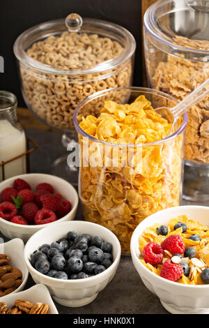 Cereali per la prima colazione bar o buffet con varietà di cereali, frutta e noci Foto Stock