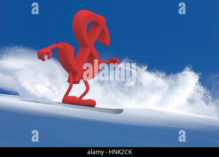 Il simbolo del dollaro con le braccia e le gambe che è lo snowboard, 3d illustrazione Foto Stock