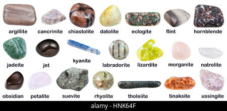 Collezione geologica anticate pietre minerali con nomi - chiastolite, andalusite, tholeiite, eclogite, riolite, jadeite, morganite, gemma, petalite Foto Stock