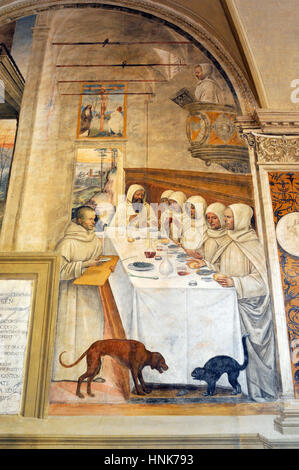 Affreschi rinascimentali, vita di san Benedetto, pittura di il sodoma, Chiostro Grande, Abbazia di Monte Oliveto maggiore, Toscana, Italia Foto Stock