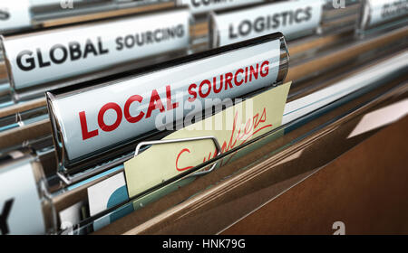 3d illustrazione della cartella di azienda con focus su una scheda e il testo di sourcing locale, concetto di protezionismo Foto Stock