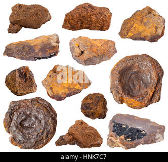 Raccolta di vari limonite marrone (bog il minerale di ferro) pietre minerali isolati su sfondo bianco Foto Stock