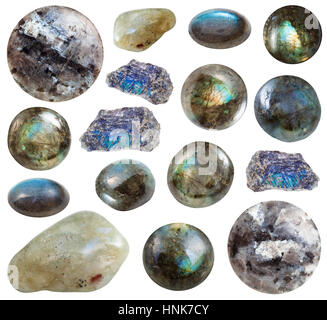 Raccolta di burattati e materie Labradorite pietre preziose isolati su sfondo bianco Foto Stock