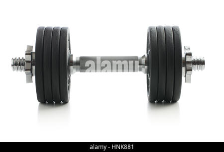 Metallo nero dumbbell isolati su sfondo bianco. Foto Stock