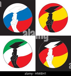 L'uomo il suo braccio, recanti la fiamma eterna sullo sfondo della bandiera della Russia, Spagna, Italia, Germania paese. Il logo del vettore Illustrazione Vettoriale