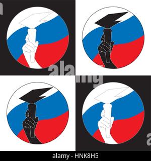 L'uomo il suo braccio, recanti la fiamma eterna sullo sfondo della bandiera della Russia paese. Il logo del vettore Illustrazione Vettoriale