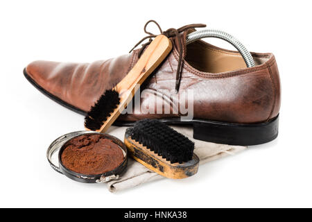 Brown stivali in pelle con scarpa set di manutenzione Foto Stock