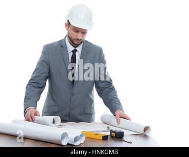 Architetto al posto di lavoro il piano di lettura dell'edificio. Foto Stock
