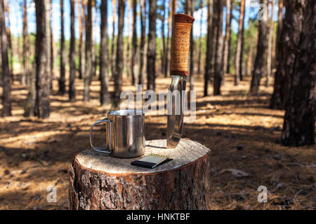 Impostare un turista hunter coltello cartucce mug bruciatore di gas corrisponde a Foto Stock