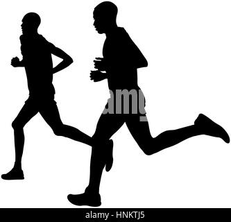 Due runner keniota atleta leader maratona run black silhouette Foto Stock