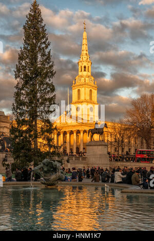 Folla a Trafalgar Square,Albero di Natale e Saint Marin nel campo chiesa,Londra,Inghilterra Foto Stock