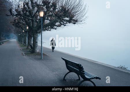 Senior uomo cammina lungo la passeggiata al mattino presto,Lago di Costanza,Bodensee,Grmany Foto Stock